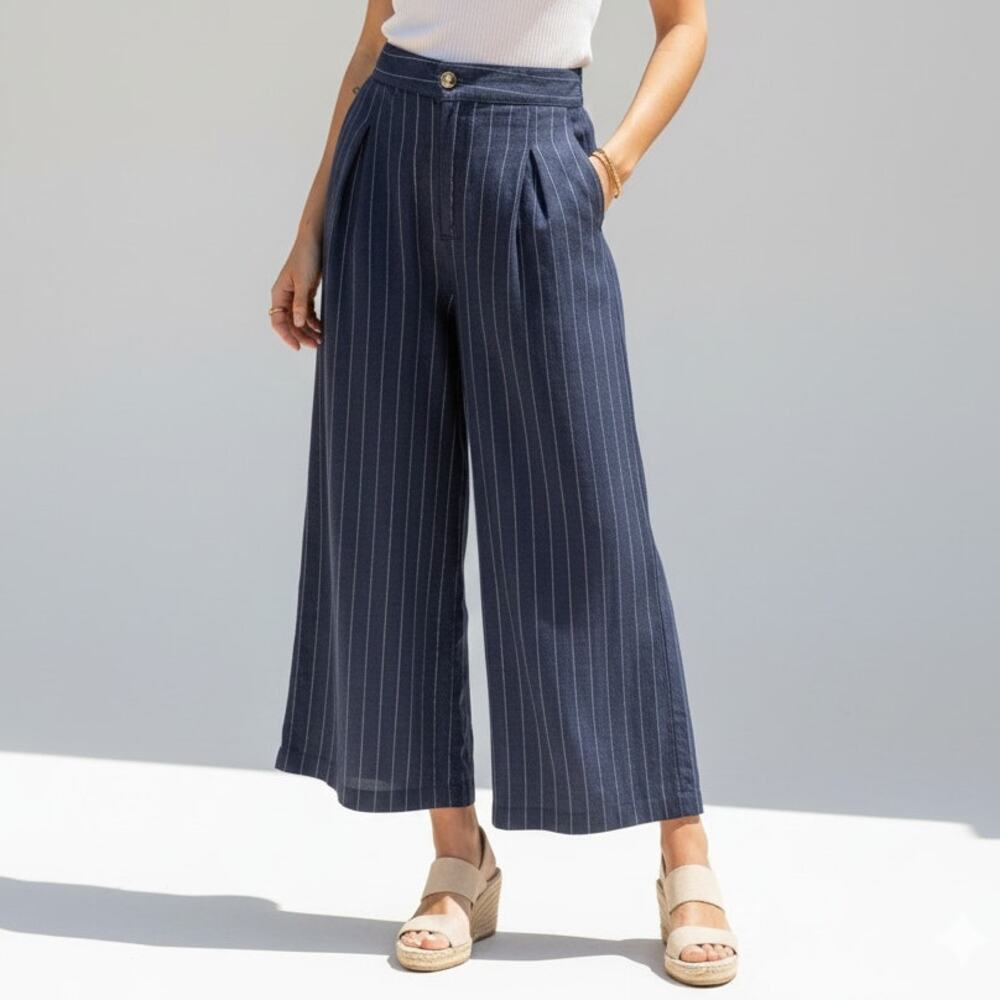 Halston Linen Wide Leg Pleated High Waisted Palazzo Pant Size 6  Navy Pinstripe